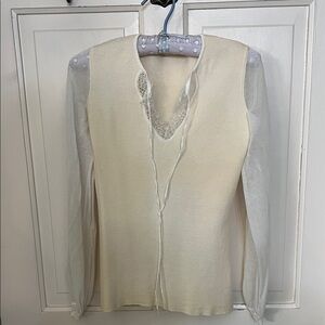 Elie Tahiti Cream Sheer Sleeve Top merino wool, cotton and lace